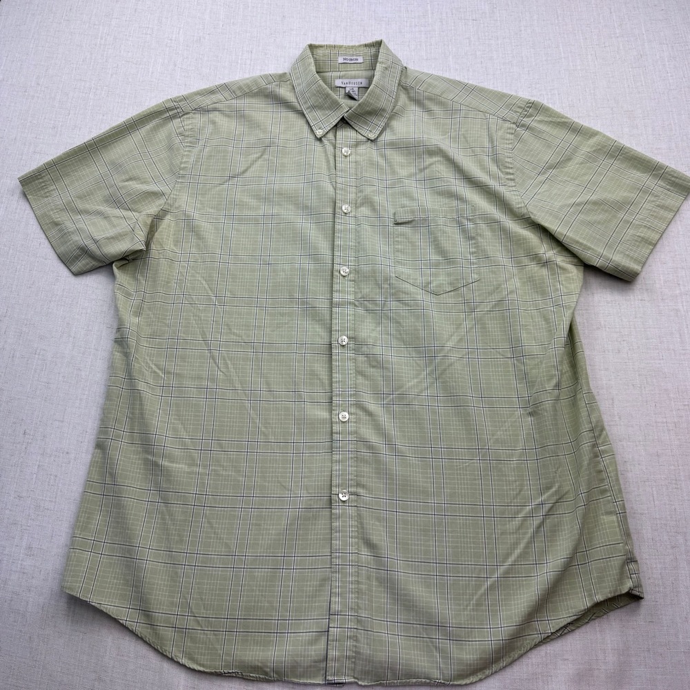 Van Heusen Button Down Mens Large Green Check No Iron Short Sleeve Workwear